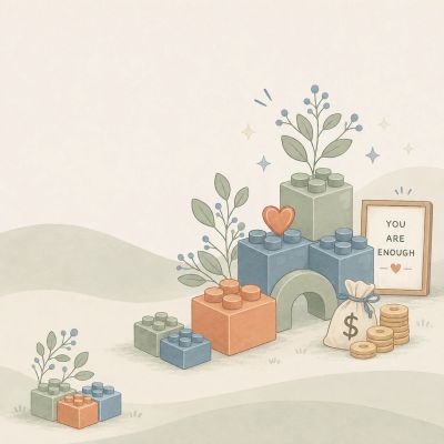 Building blocks with plants, coins, and a sign saying 'You Are Enough'.