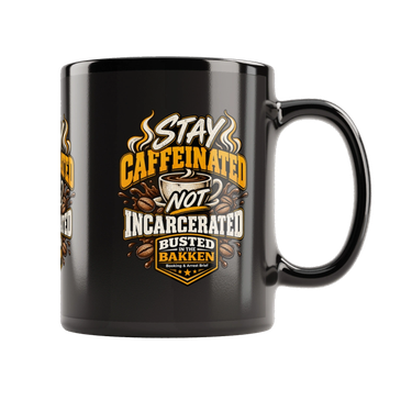 Black coffee mug with caffeine-themed quote.