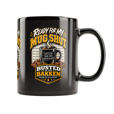 Black mug with humorous coffee-themed design.