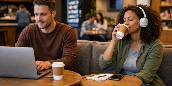 Two people enjoying coffee while working in a café.