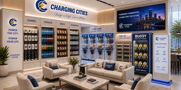 Modern Charging Cities lounge with snacks and claw machines.