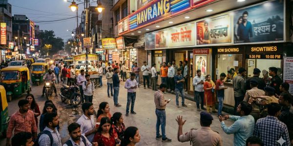 Crowd outside Navrang cinema waiting for movie showtimes in the evening.