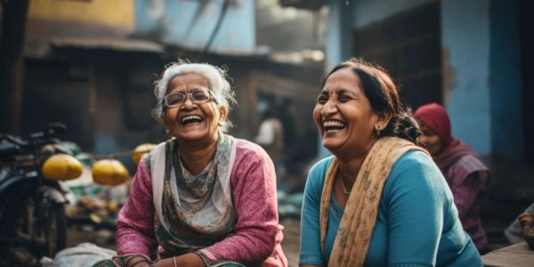 Two elderly women laughing joyfully in an outdoor market setting.