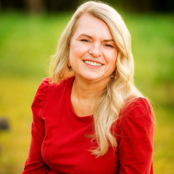 Smiling blonde woman in a red top outdoors with a green blurred background.