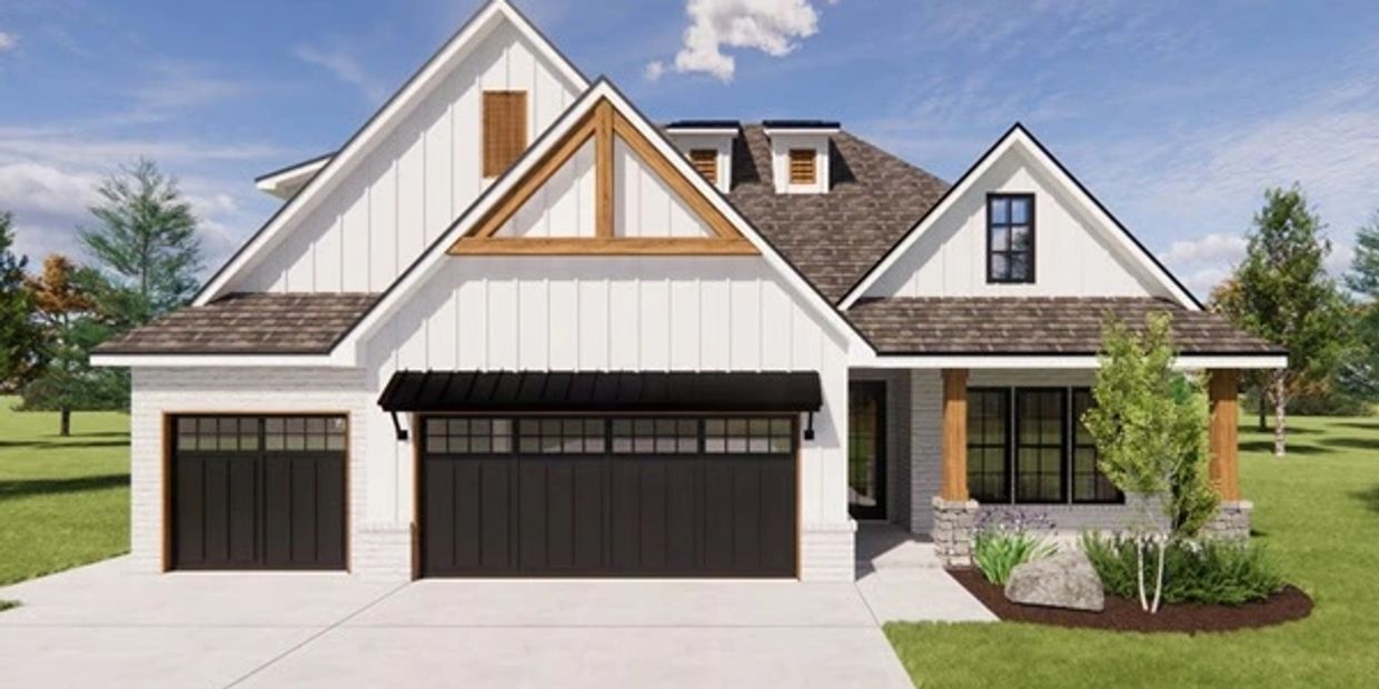 Modern farmhouse with black garage doors and white siding.