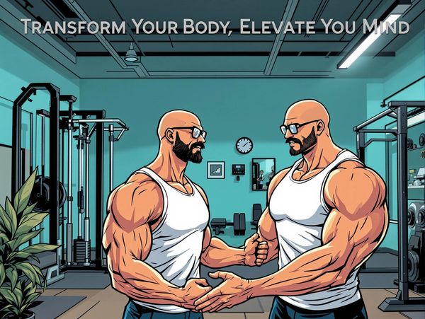 Two men in a gym shaking hands with the words transform your body, elevate you muscle.