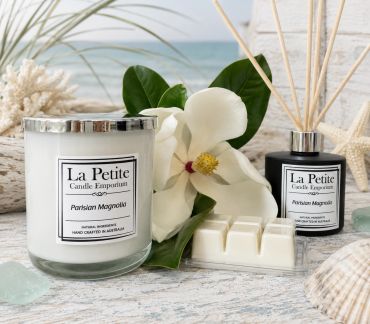 La Petite Parisian Magnolia scented candle and diffuser set with flower.