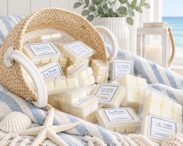 Basket of wax melts with coastal decor.