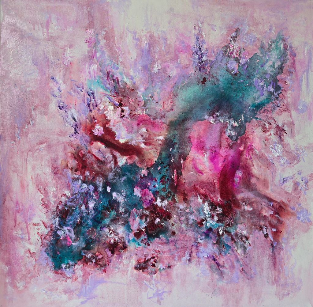Abstract painting with vibrant pink, purple, and teal hues.