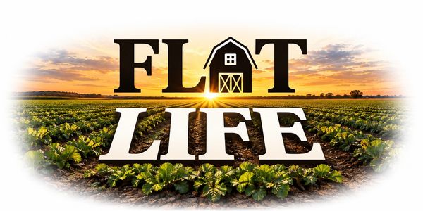 Logo with 'Flat Life' text and barn in a field at sunrise.