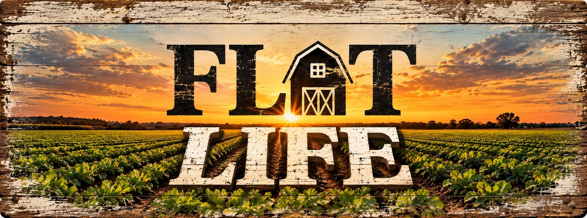 Rustic wooden sign reading 'FLAT LIFE' with sunset farm background.