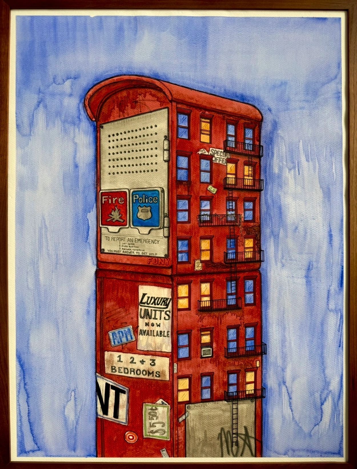Illustration of a building shaped like an emergency call box with apartment signs.