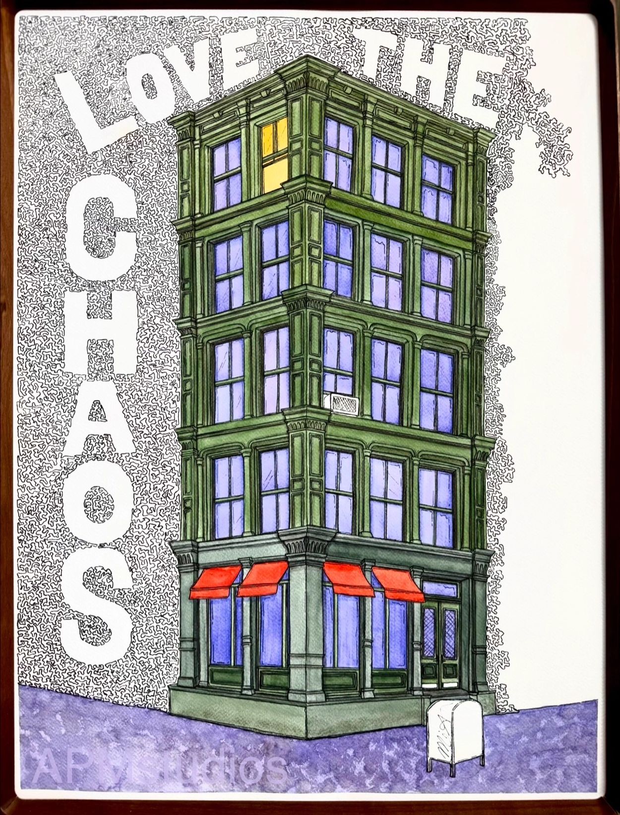 Illustration of a green building with red awnings and the phrase "LOVE THE CHAO".