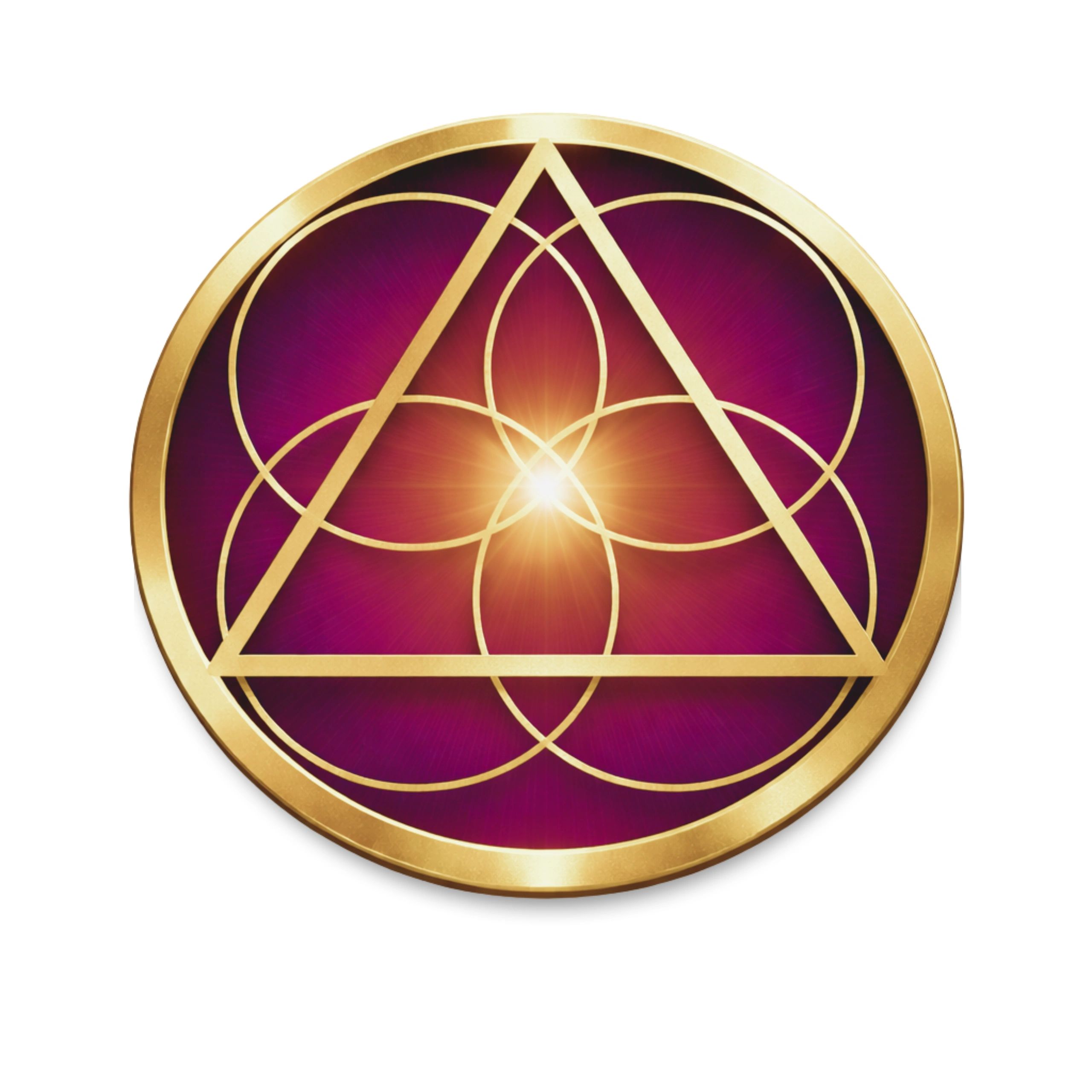 Golden geometric symbol with radiant center on purple background.