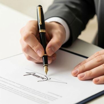 Businessman signing a contract with a fountain pen.