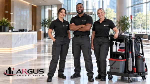 Argus Facility Care cleaning staff standing in a clean and well kept office building 