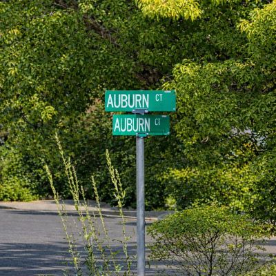 Two street signs labeled Auburn Ct at a leafy intersection.