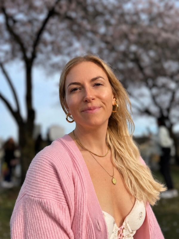 A woman smiling outdoors wearing a pink cardigan and gold jewelry.
