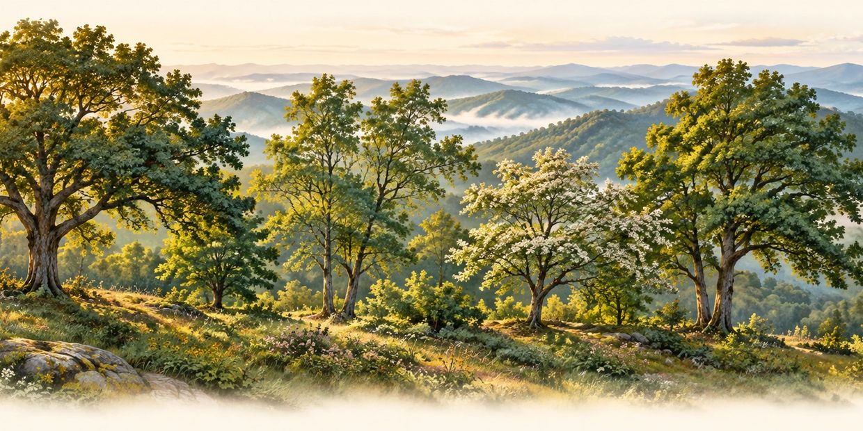 Sunlit trees with misty mountains in the background.
