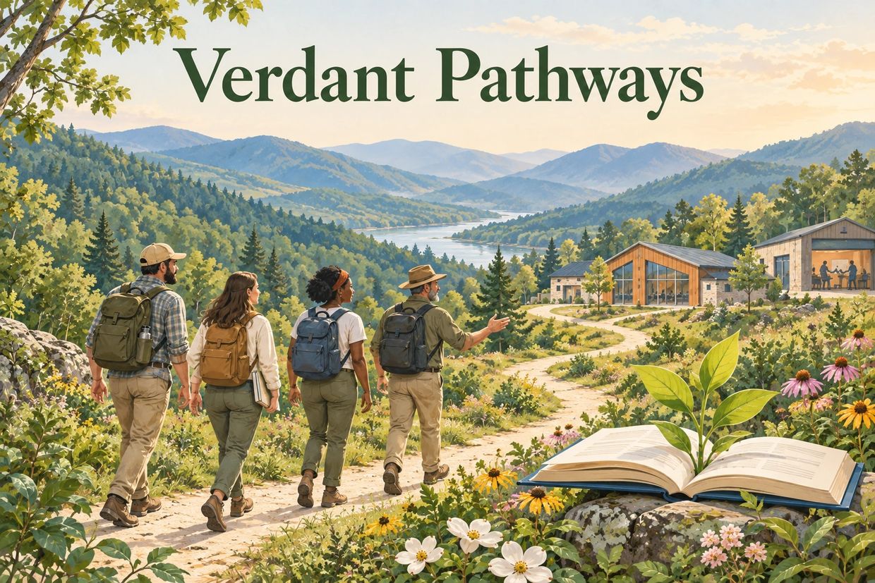 Four hikers walking on a scenic forest path titled "Verdant Pathways".