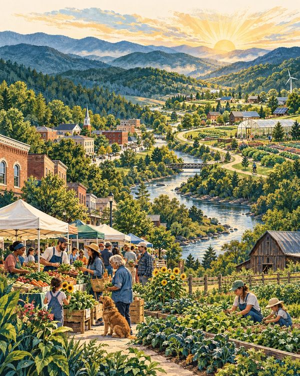 Sunrise over a lively farming town with people at a market and fields.