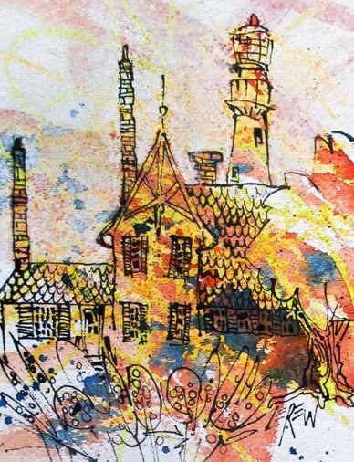 "Fenwick Island Lighthouse Whimsy" Crayon Resist Painting by LarryLerew.com Fenwick Island, Delaware