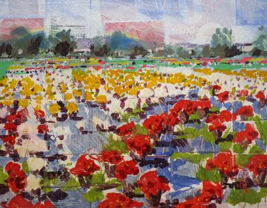 "Acres Of Mums" Painting On Cardboard by LarryLerew.com. Fields of blooming chrysanthemums for sale.