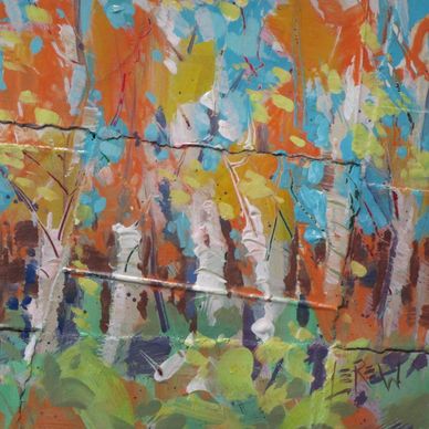 "Birch Trees" Painting On Cardboard by LarryLerew.com abstract of color, shape, texture birch trees.