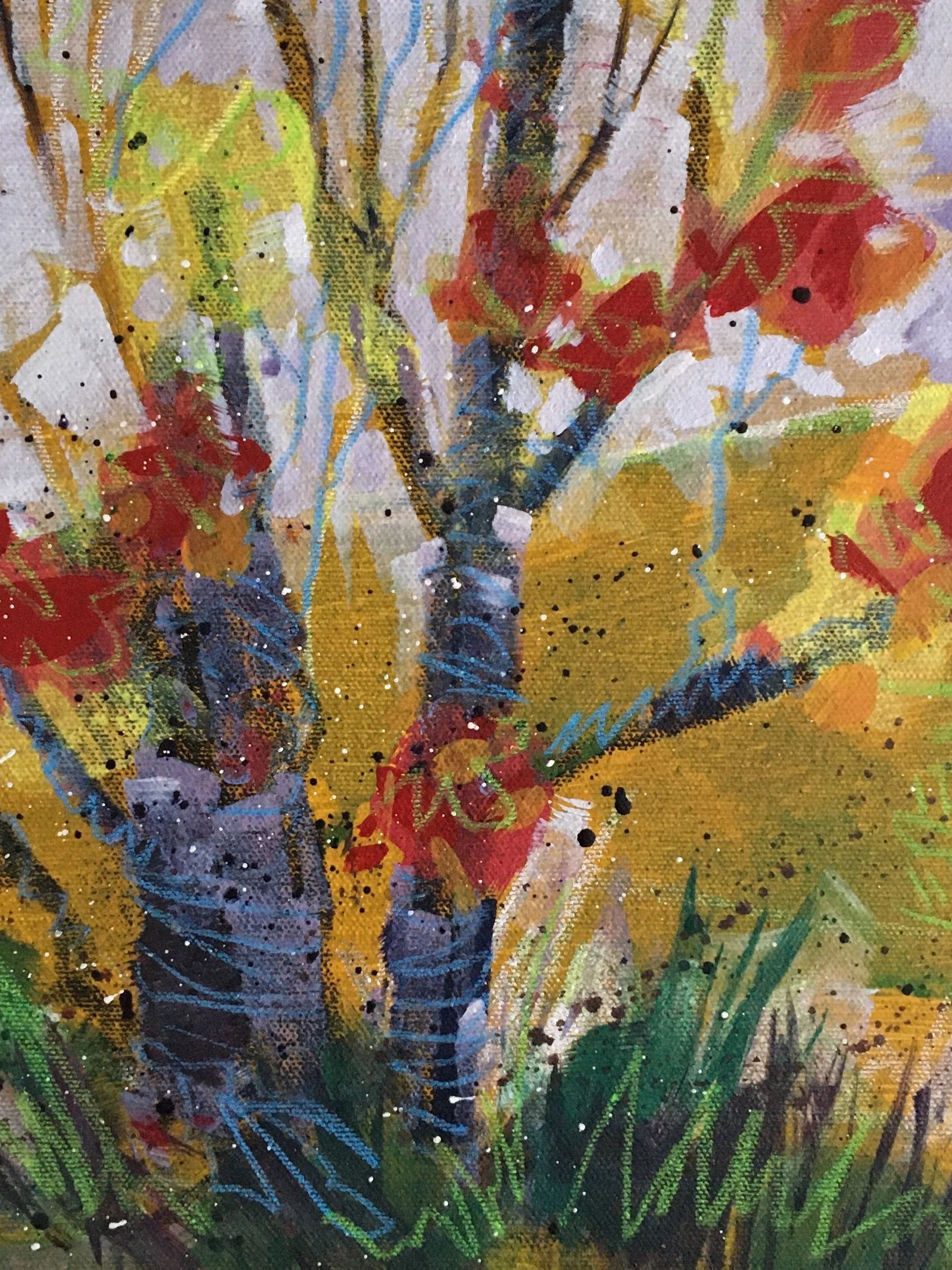 Landscape with blue trunk tree in mixed media by Larry Lerew