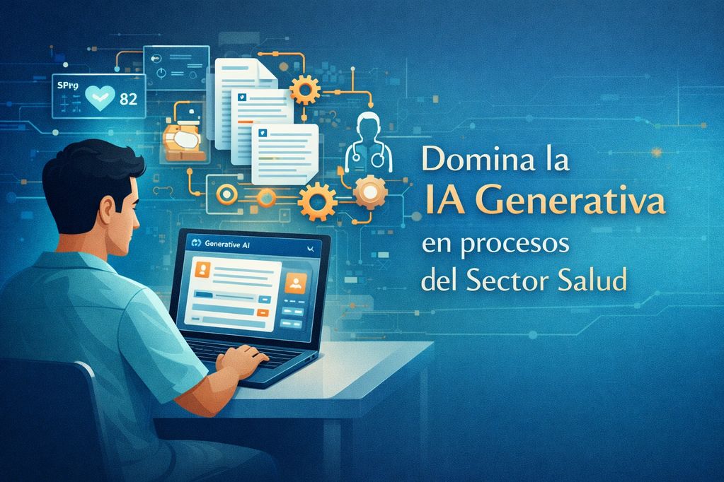 Hombre usando IA generativa en salud desde una laptop.