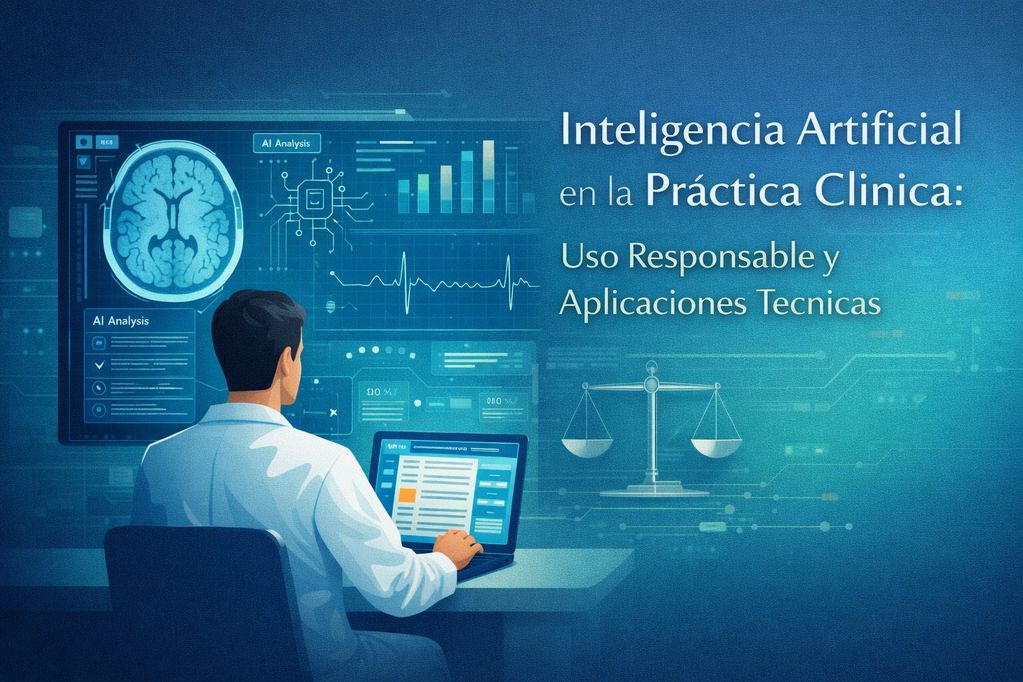 Médico usando inteligencia artificial para análisis clínico responsable y técnico.