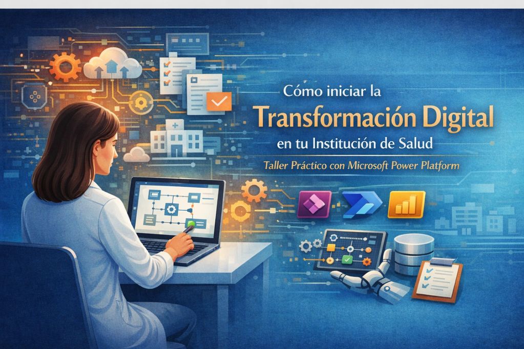 Mujer trabajando en transformación digital en salud con Microsoft Power Platform.