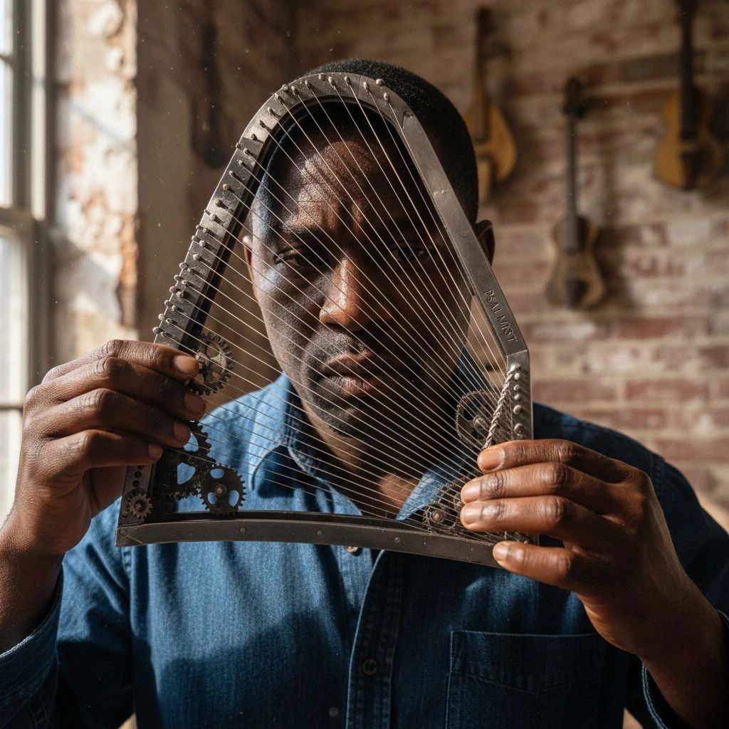 Man holding a stringed musical instrument frame.
