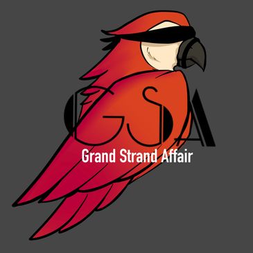 Stylized red parrot logo with 'Grand Strand Affair' text on dark background.