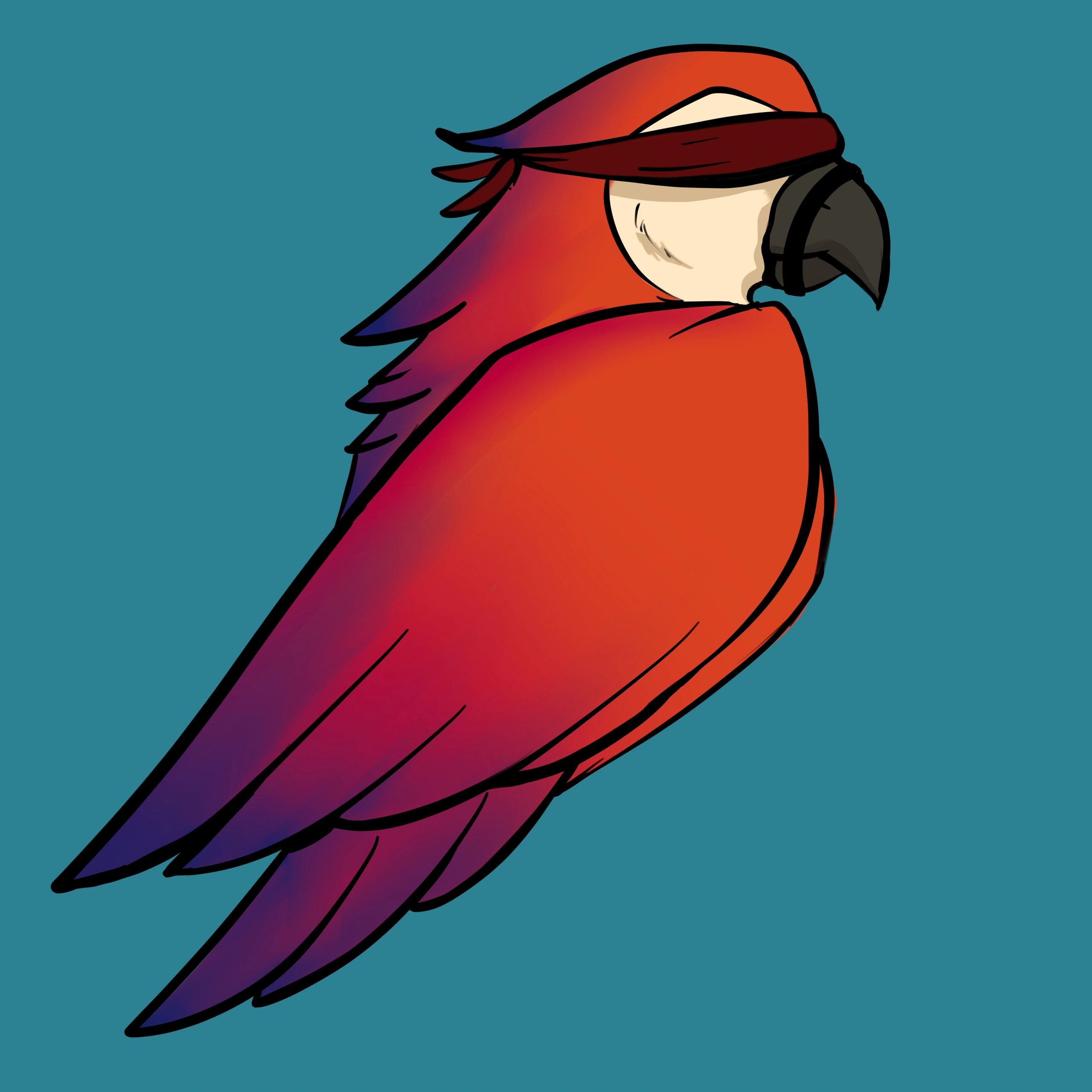 Illustration of a colorful parrot wearing a blindfold on a blue background.