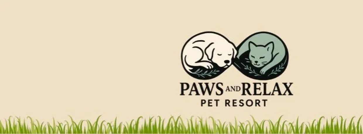 Paws and Relax Pet Resort logo on a tan background above a field of grass