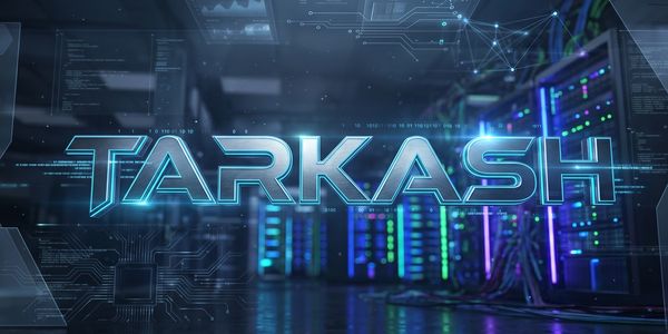 Futuristic digital text 'TARKASH' over a high-tech server room background.