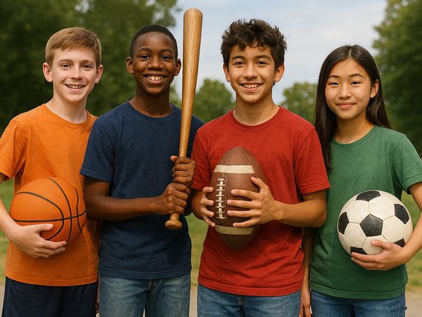 Four kids smiling with basketball, baseball bat, football, and soccer ball outdoors.
