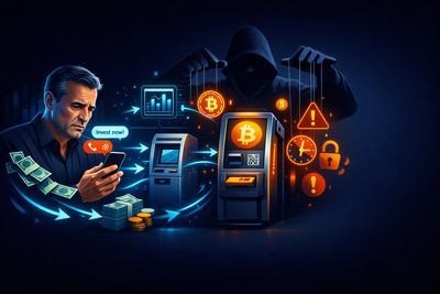 illustration depicting a cryptocurrency investment scam in a polished fintech style.