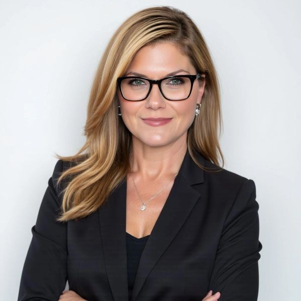 Professional woman with glasses and blonde hair in black blazer.