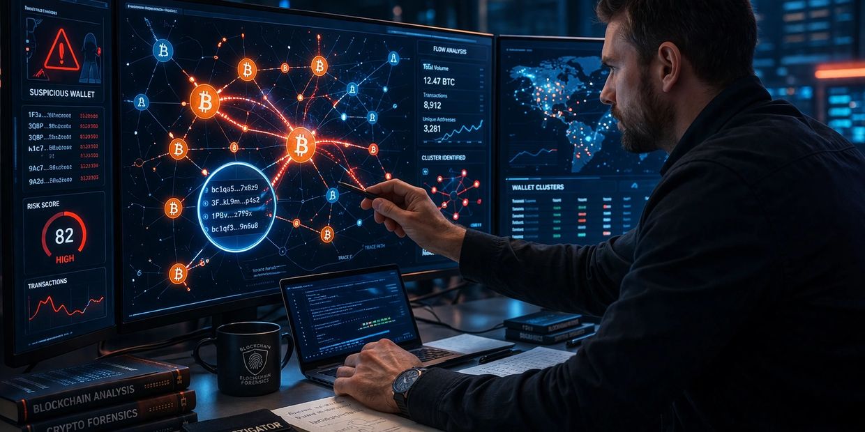 Cybersecurity expert analyzing suspicious Bitcoin wallet connections on multiple screens.