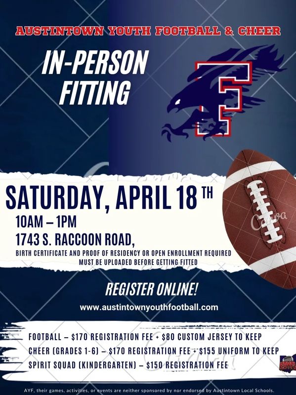 Austintown Youth Football &amp; Cheer in-person fitting event on April 18.