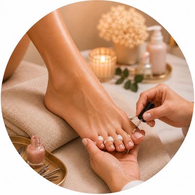 Person getting a pedicure with nude nail polish in a cozy setting.