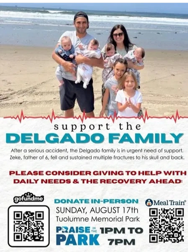 Flyer for Degado Family Fundraiser, Praise in the Park, Tuolumne, CA, August 17, 2025