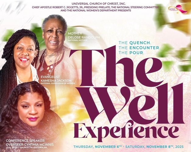 Promotional poster for 'The Well Experience' church event with featured speakers and dates.