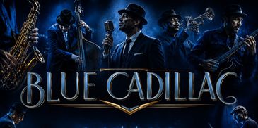 Silhouetted jazz band performing under the title 'Blue Cadillac'.
