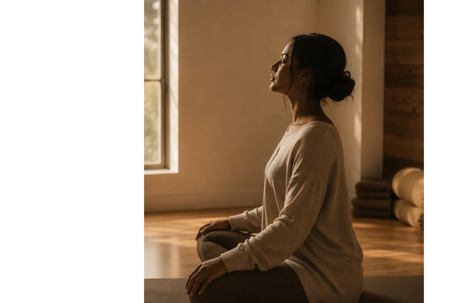 Woman practicing mindful breathing in a warm natural light.