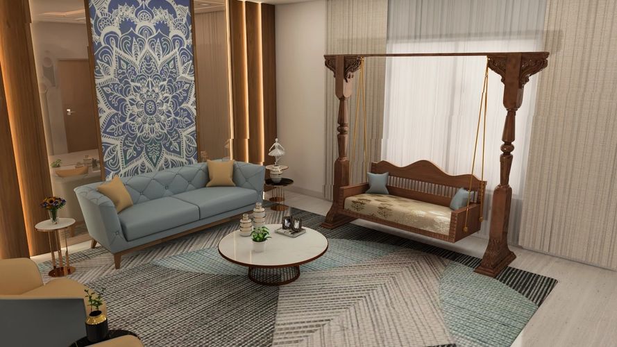 Modern living room with a blue sofa, wooden swing, and a decorative wall art.