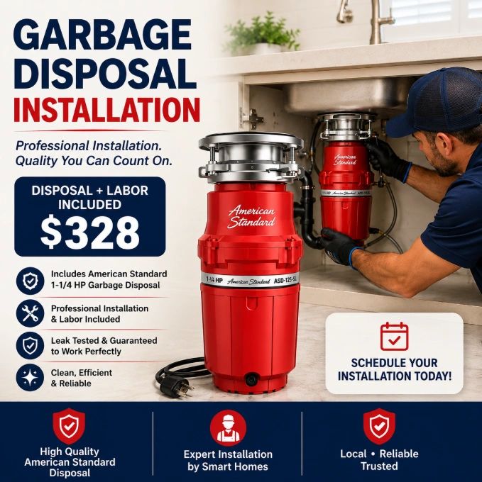 American Standard garbage disposal installation in Albuquerque kitchen by Smart Homes.