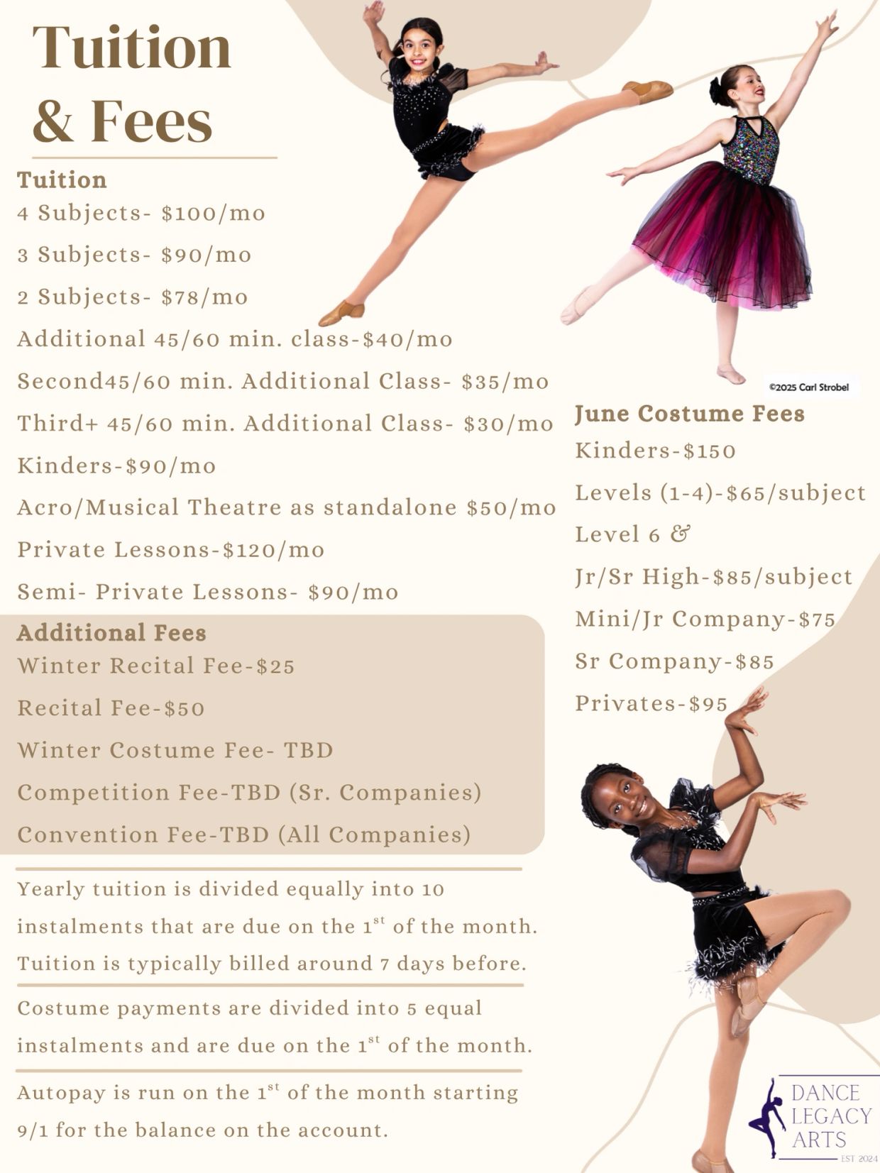 Tuition and costume fees for Dance Legacy Arts with class details and additional fees.